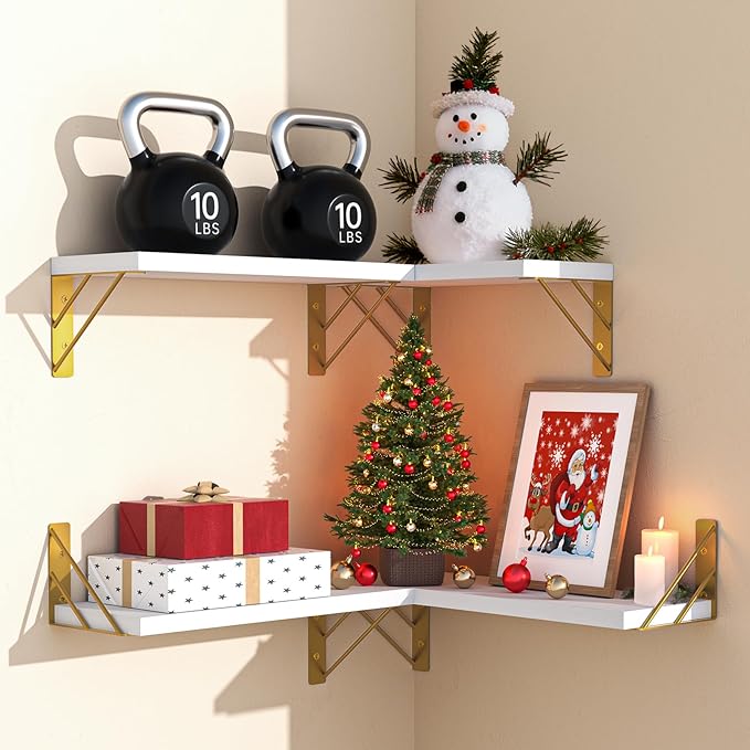 BAYKA Wall Shelves for Bedroom Decor, Floating Wall Shelf for Living Room Kitchen Storage, Mounted Rustic Wood Shelves for Kids Books, Christmas Decorations for Room(White and Gold，Set of 4)