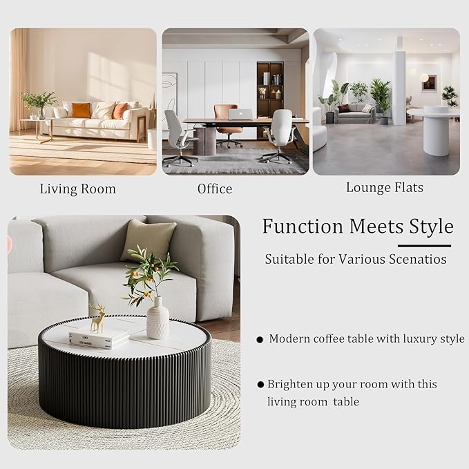 Black Round Coffee Table with Sintered Stone Tabletop, 29.52" Drum Coffee Table with Fluted PU Leather Covered and Stable Base, Circle Cocktail Tea Table for Living Room