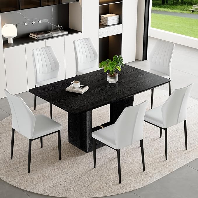 63" Modern Black Dining Table Set for 6 with Chairs, 7 Piece Rectangular Dining Room Table and 6 PU Leather Chairs, Kitchen Dining Set with Matte Wood Finish, Geometric Base, Easy Assembly