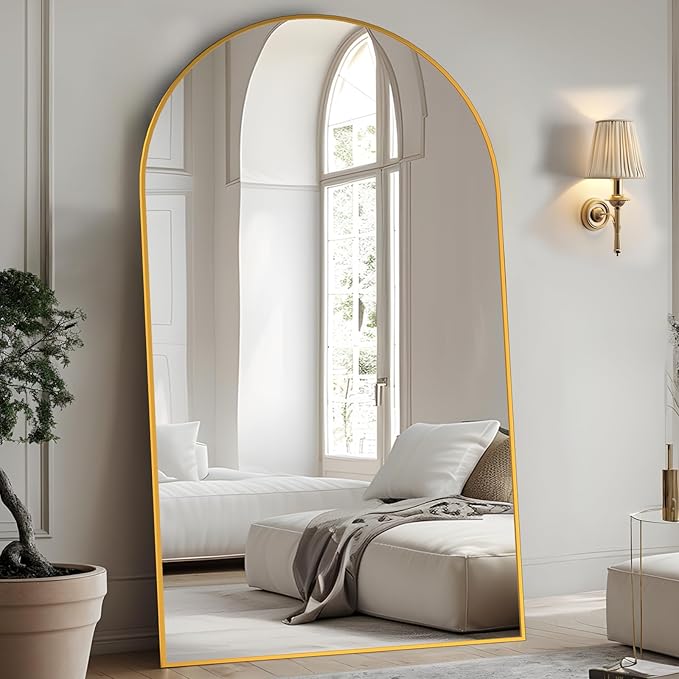 Full Length Mirror, 88"x44" Floor Mirror Freestanding, Oversized Floor Standing Mirror Full Body Mirrors with Stand for Bedroom, Hanging Mounted Mirrors for Living Room, Gold, Arched