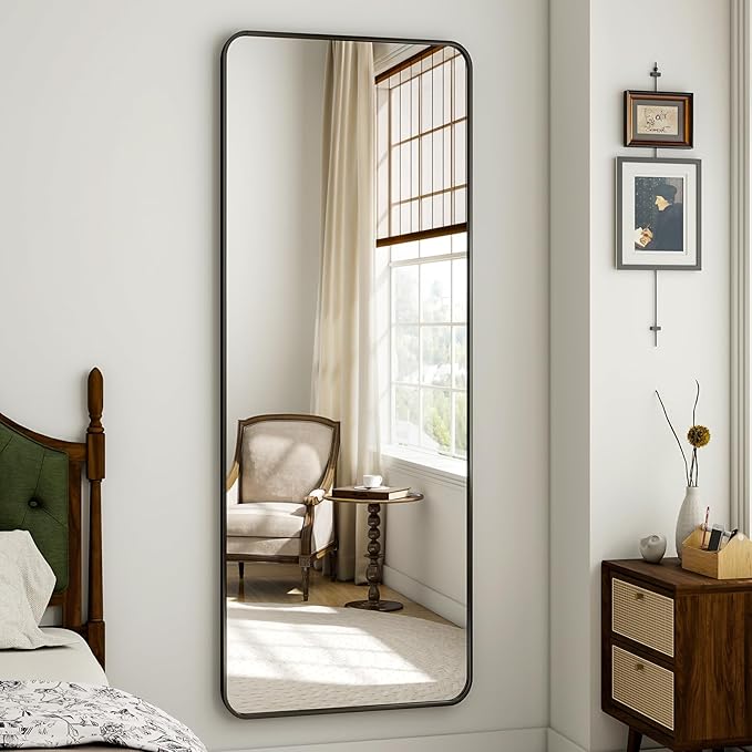 VooBang Round Corner Mirror Full Length, 16" x 59" Floor Mirror with Stand, Matte Aluminum Alloy Frame Full Body Mirror, Standing Hanging or Leaning for Bedroom and Living Room, Black