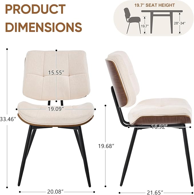 BFZ Dining Chairs Set of 2, Mid Century Modern Kitchen Chairs with Walnut Bentwood Back and Metal Legs, Upholstered Fabric Dining Room Chairs for Kitchen, Living Room