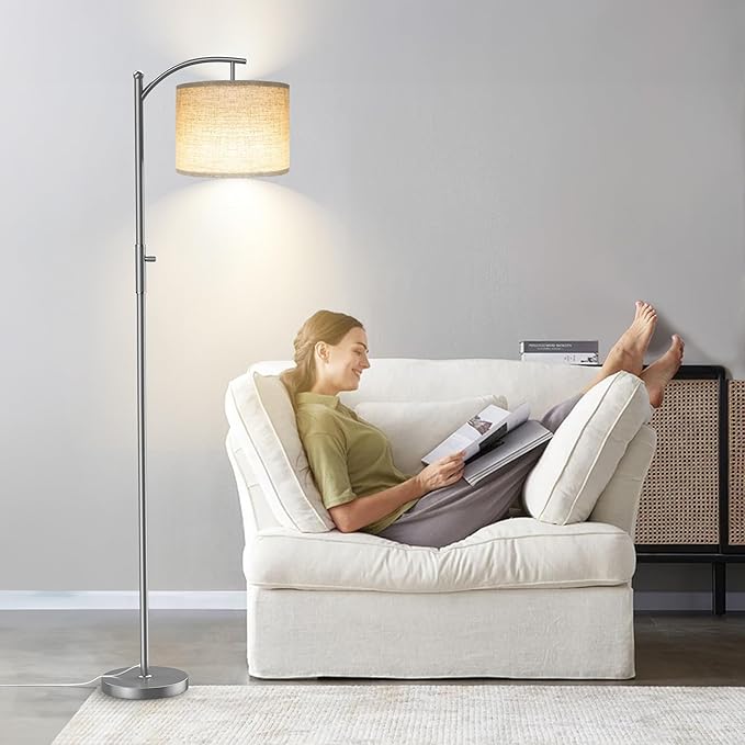 Dimmable Floor Lamp, Arc Floor Lamps for Living Room, Stepless Dimming Modern Standing Lamp with Linen Shade, Tall Lamp for Bedroom Office Dining Room- Silver