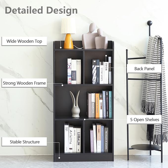 Book Shelf with Back Panel Stability 5 Cube Bookcase Multifunctional Cube Storage Organizer Shelf for Bedroom Living Room Office Closet School in Black with 23.62''W