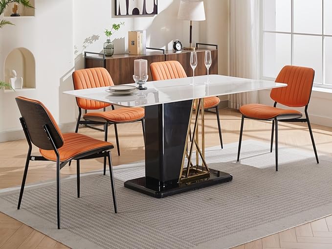 Dining Chairs Set of 2, Mid Century Modern Dining Room Chairs, Upholstered PU Leather Vertical Stripe Kitchen Chair with Walnut Bentwood and Metal Legs, Orange