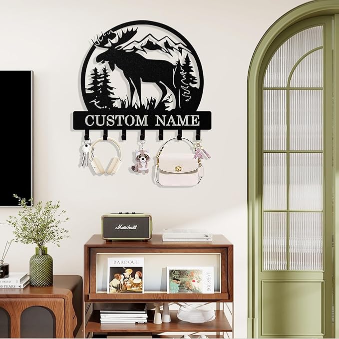 Personalized Deer Key Holder Wall Mount, Custom Metal Keys Hanger for Wall with Name, Custom Key Rack Holder with Hooks for Entryway, Front Door, Hallway, Living Room, Kitchen