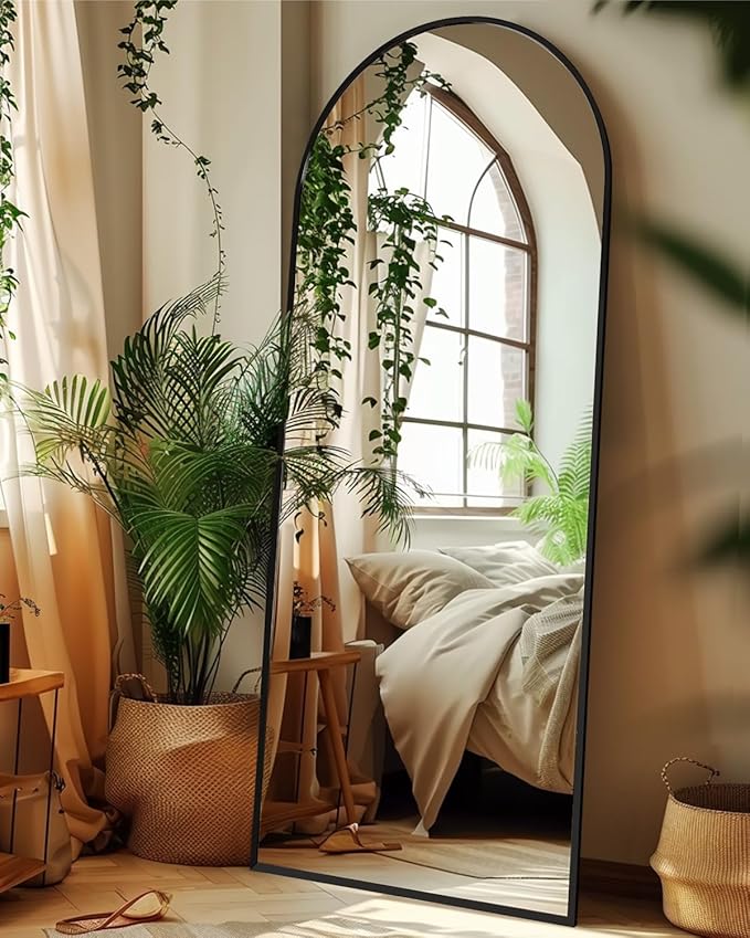 Full Length Mirror, 58"x18" Arched Floor Mirror Freestanding, Floor Standing Full Body Mirror with Stand for Bedroom, Hanging Mounted for Living Room Cloakroom, Black