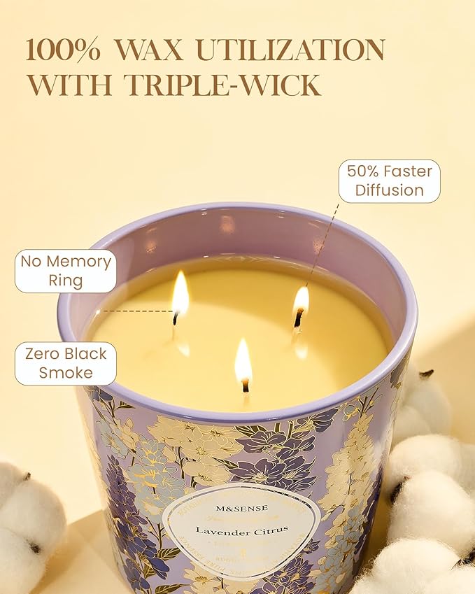 M&SENSE Lavender Citrus Scented Candle, 28.2oz 3 Wick Natural Soy Wax Large Candles, Long Lasting Clean Slow Burning No Toxic Décor for Home Relaxation, Romantic Dates & Gift-Giving
