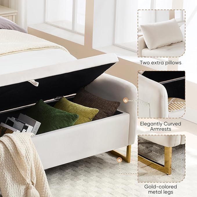65" End of Bed Storage Bench King Size, Storage Ottoman Bench with Tufted Button Upholstered and Gold Legs, Bedroom Benches with Armrests for Living Room Window and Entryway, Beige