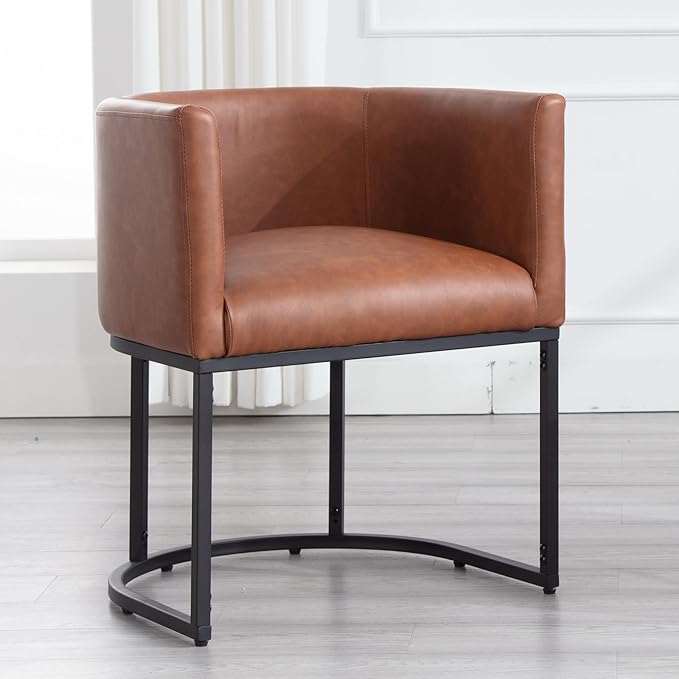 Faux Leather Dining Chair Modern Barrel Arm Chairs with Black Metal Frame, Upholstered Kitchen Chairs 18.5" Wide Accent Chair for Living Room Dining Room Restaurant, Brown