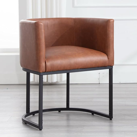 Faux Leather Dining Chair Modern Barrel Arm Chairs with Black Metal Frame, Upholstered Kitchen Chairs 18.5" Wide Accent Chair for Living Room Dining Room Restaurant, Brown