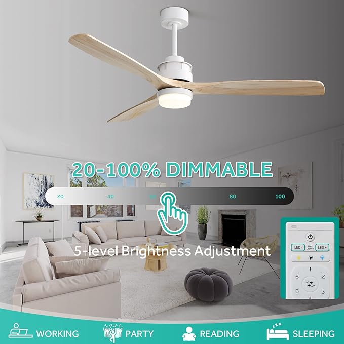 Sofucor 60 inch Ceiling Fan with Lights, Mordern Large LED Ceiling Fan with Remote, 3 Light Wood Blades and 3 White Downrods, for Indoor Living Room Bedroom Outdoor Patio Porch, Reversible DC Motor