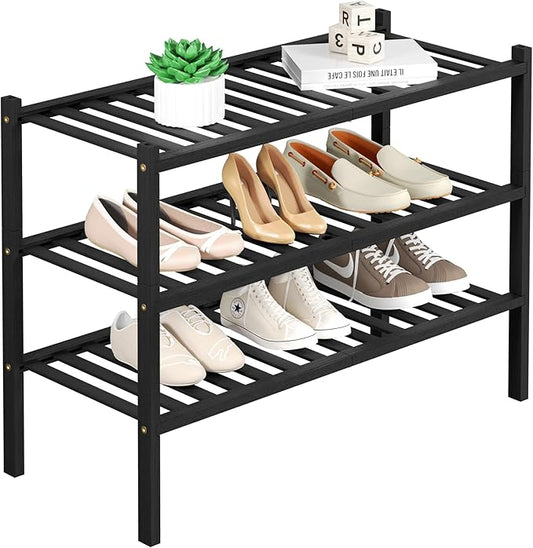 3 Tier Bamboo Shoe Rack for Closet Free Standing Wood Shoe Shelf Storage Organizer for Entryway Small Space Stackable 27"x11"x20" (Black)