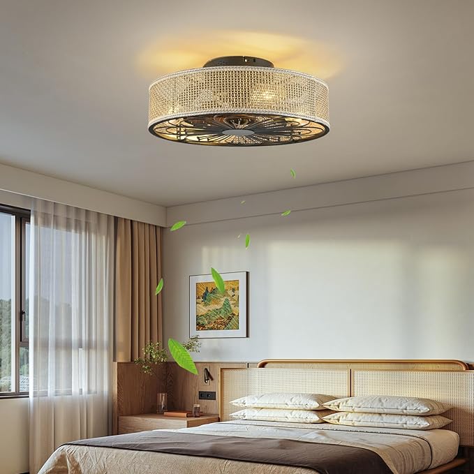 Modern Boho Rattan Flush Mount Ceiling Fans with Lights and Remote Control Low Profile Bladeless Ceiling Fan Timer and 6-Speed Reversible Motor for Bedroom, Kitchen, Dining Room Include Bulbs