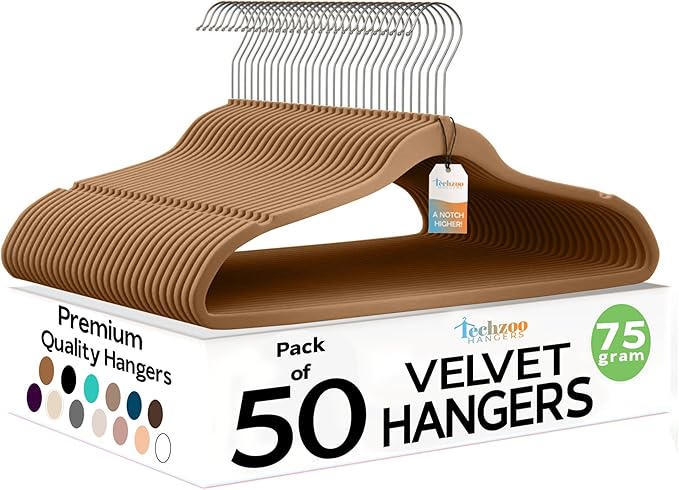 50 Pack New Premium Quality Velvet Hangers Ultra Thin Non Slip Adult Felt Space Saving Hangers for Closet Heavy Duty Coat Pants Jackets Dress Hangers 360° Swivel Hook Hold Upto 10 lbs Bronze