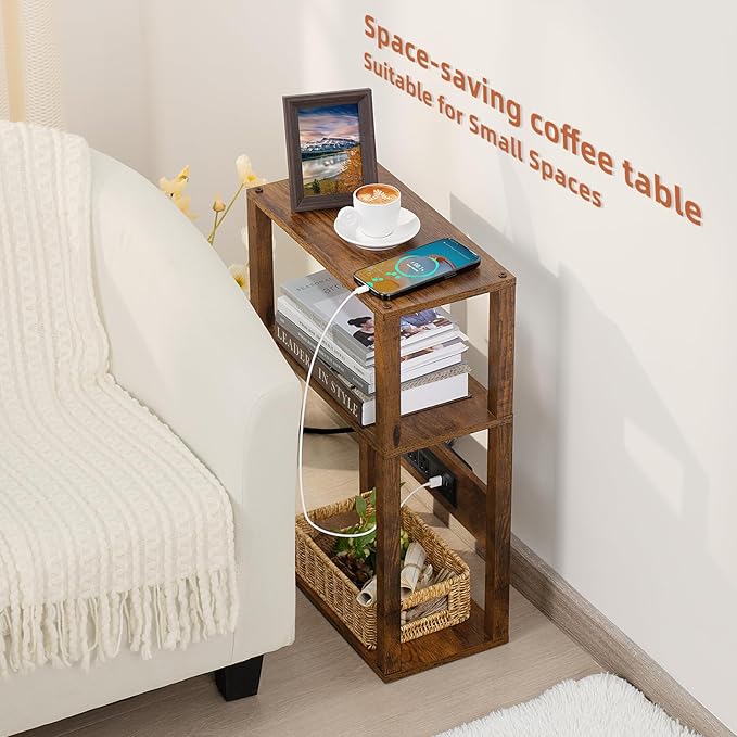 3-Tier Small Narrow Wood Side Table with Charging Station, Skinny Nightstand for Small Space, Slim Bedside Table with Storage for Couch, Thin End Table with USB Ports and Outlets, Rustic Brown