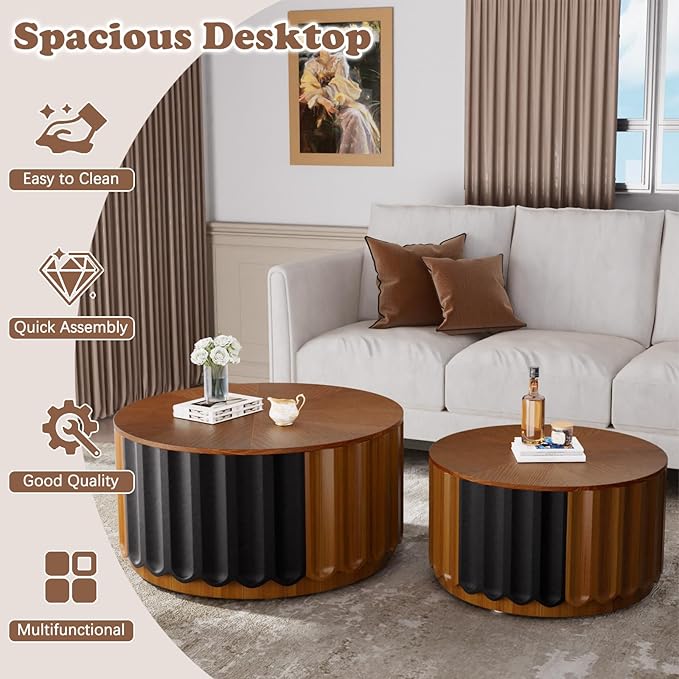 Nesting Coffee Table Set of 2 Modern Round Coffee Table with Non-Slip Feet, Wooden Circle Accent Tables Contemporary Drum Side Table End Table for Living Room Bedroom (Brown 26.8"+19.7")