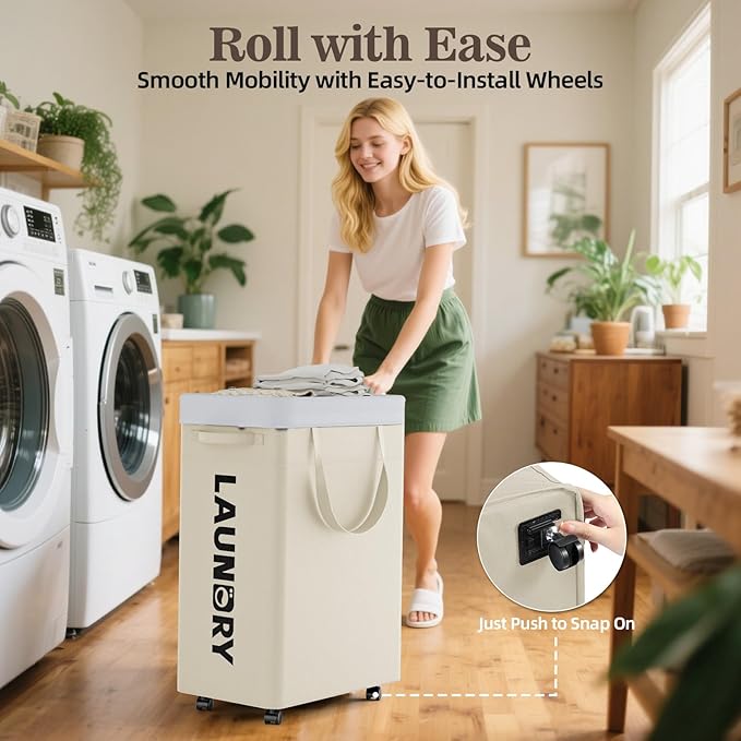 YECAYE 75L Rolling Laundry Hamper, Easy-to-Assemble Clothes Hamper with Wheels, Rolling Dirty Clothes Basket, Slim Basket for Bedroom, Bathroom, or Laundry Room, Beige