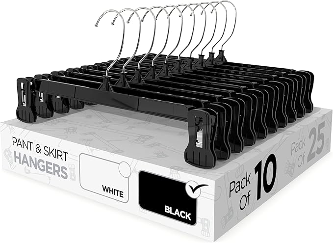 Sharpty Pant & Skirt Hangers - Closet Hangers for Shorts, Shirts, Jeans, Dresses, Slacks, Coats, Clothes, Clothing, Garments & More - Durable, Space Saving & Non-Slip, Black - 10 Pack