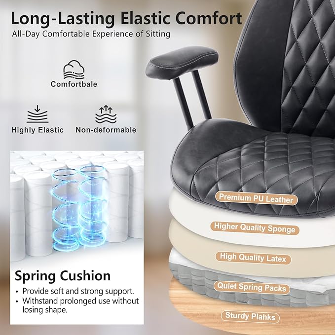 YFO Home Office Desk Chair Office Rubber Casters Ergonomic Computer Chair with Lumbar Support Adjustable Height Rolling Swivel Executive Task Armrests Chair， Black PU