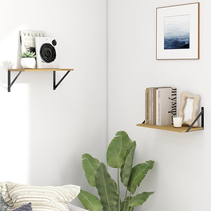 Fun Memories Deep Floating Shelves for Wall, 16W x 8D Wall Mounted Shelves Set of 2, Wide Display Ledge Shelf with Sturdy Metal Brackets for Living Room, Bathroom, Bedroom and Kitchen, Oak