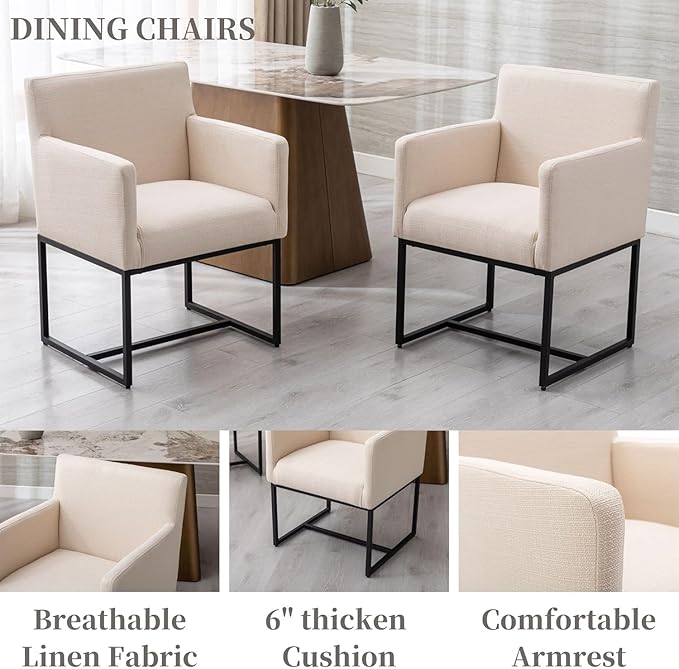Linen Upholstered Dining Chairs with Arms Set of 4 Mid Century Modern Accent Chairs Armchairs with Black Metal Frame, Modern Kitchen & Dining Room Chairs, Cream
