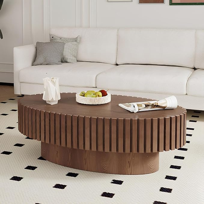 Fluted Coffee Table 43.3" Oval Wood Coffee Tables Modern Handcraft Drum Coffee Table with Solid Wood Relief Sturdy Pedestal Accent Table for Living Room Home Office (Dark Brown)