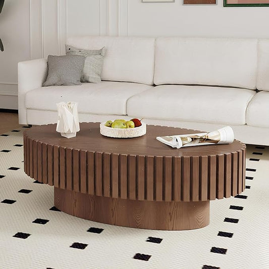 Fluted Coffee Table 43.3" Oval Wood Coffee Tables Modern Handcraft Drum Coffee Table with Solid Wood Relief Sturdy Pedestal Accent Table for Living Room Home Office (Dark Brown)