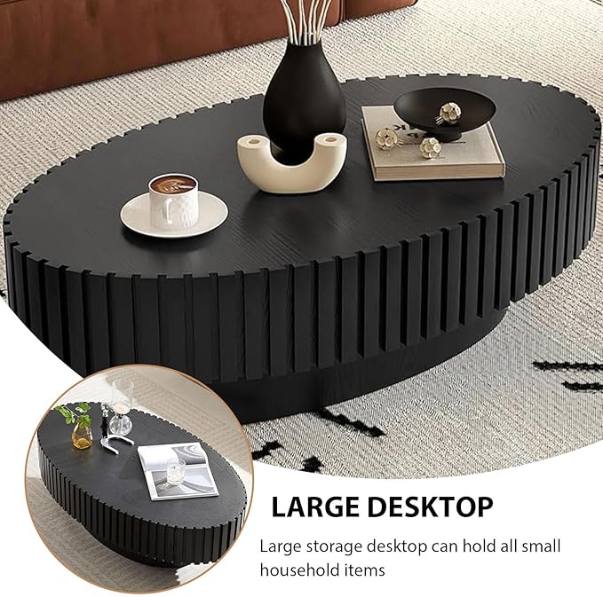 Oval Coffee Table, Handcrafted Fluted Drum Coffee Tables Modern Wood Coffee Table Drum Center Table for Living Room, Apartment (Oval Black)