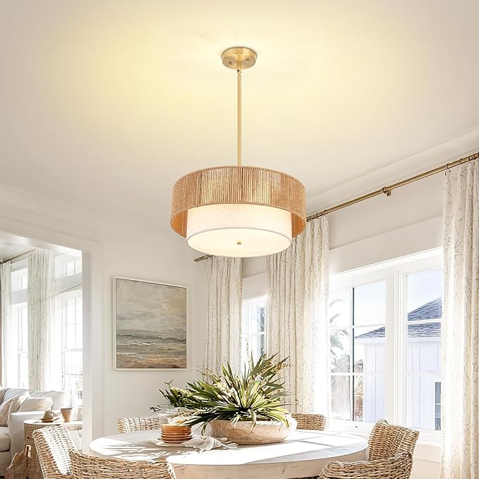 18" Drum Chandelier Dining Room Light Fixture with Rattan Shade,3-Light Modern Kitchen Table Light Fixture for Bedroom, Bathroom, Living Room