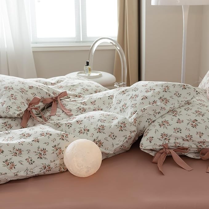 LifeTB Pink Floral Duvet Cover Queen 100% Cotton Flower Duvet Cover Girls Cottagecore Bedding Set Vintage Garden Style Aesthetic Bedding Floral Comforter Cover Botanical Bedding Cover Queen Size