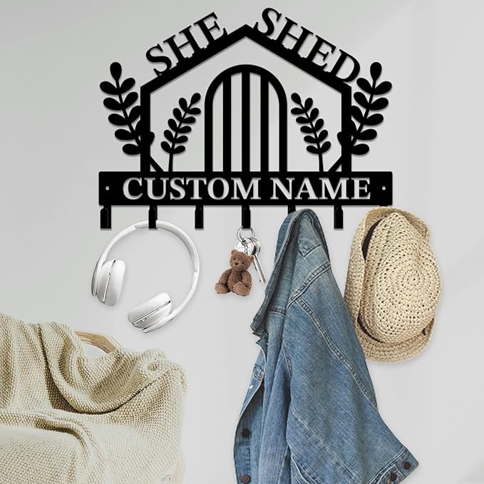 Personalized She Shed Keys Hooks,Custom Name Metal She Shed Art Keys Hooks,Metal She Shed Lover Wall Home Storage Decorative Keys Hooks,Key Holder Hooks for Wall (Style B)