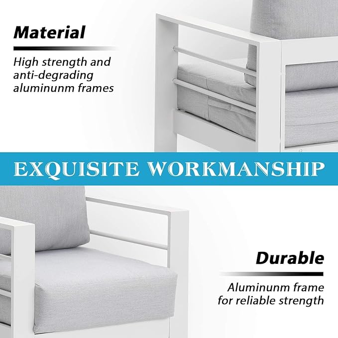 Wisteria Lane Aluminum Outdoor Patio Furniture Set with Footrest, Modern Patio Conversation Sets, Outdoor Sectional Metal Sofa with 5 Inch Cushion and Coffee Table for Balcony, Garden, Light Grey