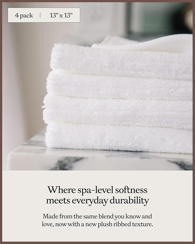 Cozy Earth Ribbed Washcloth Set - 60% Cotton 40% Viscose from Bamboo Bathroom Washcloths - Soft & Absorbent Textured Ribbed Pattern - 4 Pack Light Grey