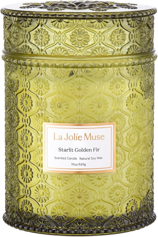 LA JOLIE MUSE Christmas Candle | Starlit Golden Fir | Pine, Cedarwood & Fir Balsam | 19 oz Large Wooden Wick Soy Candle | 90 Hours Clean Burn | Gift-Ready for Christmas & Winter Gatherings
