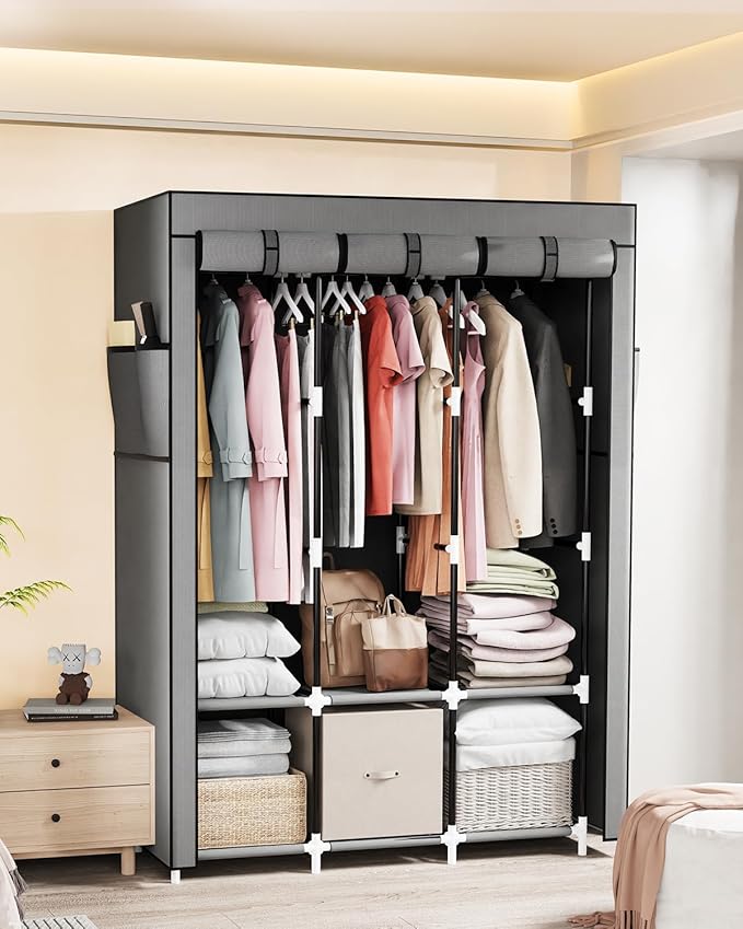 Mavivegue Portable Closet, Wardrobe Closet Organizer with Cover, 3 Hanging Rods and Shelves,Large Capacity for Bedroom, Living Room (Gray, 50" W x 17" D x 64" H)