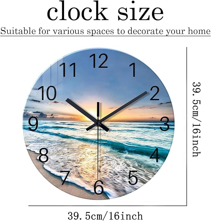 Blue Coastal Wall Clocks Battery Operated 16 Inch Glass Wall Clock Silent Beach Round Large Wall Clock for Living Room