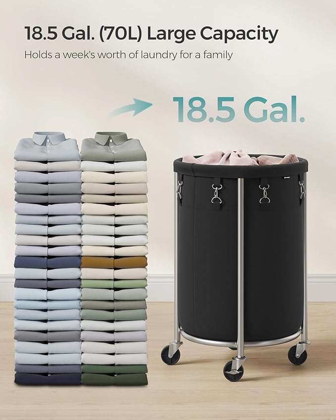SONGMICS 18.5-Gallon (70 L) Laundry Basket with Wheels, Rolling Round Heavy-Duty Laundry Hamper Cart with Steel Frame and Removable Bag, 2 Locking Wheels, Ink Black and Metallic Silver URLS006B01