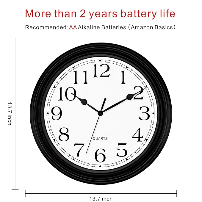 Foxtop 14 Inch Wall Clock Battery Operated Silent Non-Ticking Round Classic Vintage Retro Wall Clock Decorative for Living Room Kitchen Home Office (Black)