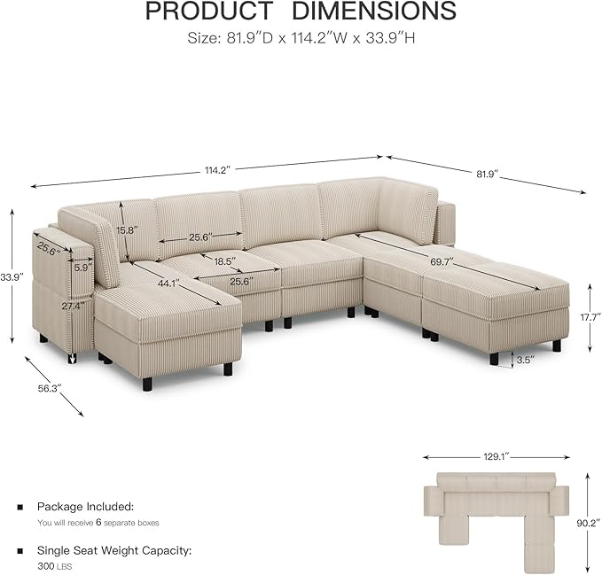 114.2" Modular Sectional Sofa with Deep Storage Seat,Corduroy 7 Seat U Shaped Sofa Couch,Modular Sofa Couch with Movable Ottoman Chaise,Upholstered Sectional Couches for Living Room,Beige