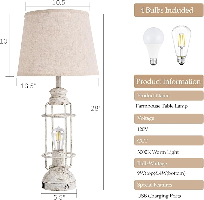28" Table Lamps for Living Room Set of 2, 3 Way Dimmable Touch Lamps with USB A+C Ports,Farmhouse Table Lamps for Bedroom,Industrial Lamp for Living Room End Tables,4 Bulbs Included