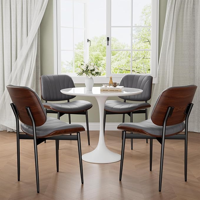 Dining Chairs Set of 6, Mid-Century Modern Upholstered PU Leather Chairs with Walnut Back and Metal Legs Adjustable Feet for Kitchen Dining Room, Dark Gray Shell Strips