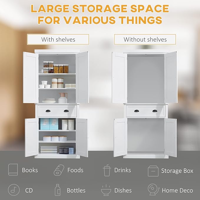HOMCOM 72.5" Kitchen Pantry Cabinet, Traditional Freestanding Storage Cabinet with 4 Doors, Drawer and 3 Adjustable Shelves for Dining Room, White