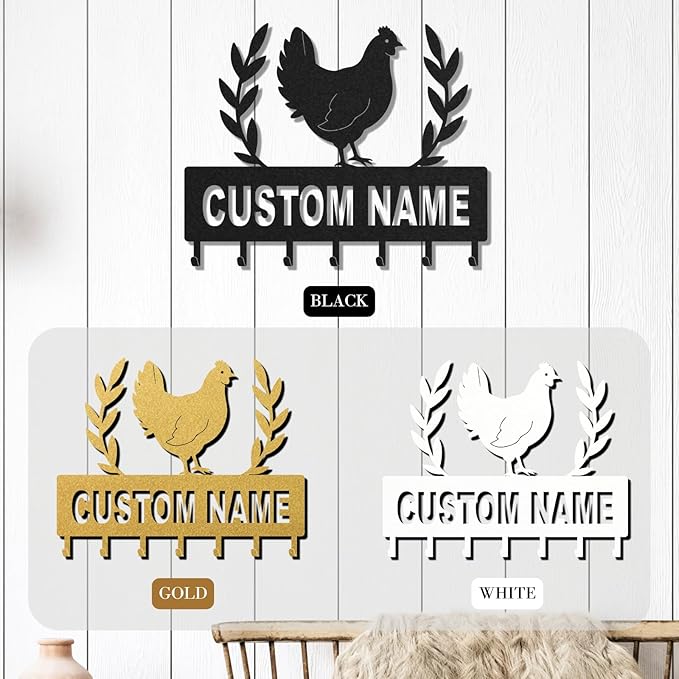 Personalized Key Holder for Wall, Custom Metal Chicken Key Hooks with Name, Meta Jacket Holder Hooks Organizer Rack, Jacket Hanger Decor for Kitchen, Entryway, Hallway, Office, Doorway