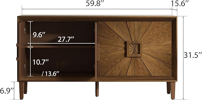 60'' Rustic Large Sideboard with 4 Doors and Adjustable Shelves, Heavy-Duty Antique Wood Entryway Console Table TV Stand for Living Room Dining Room (Antique Brown-10.2)