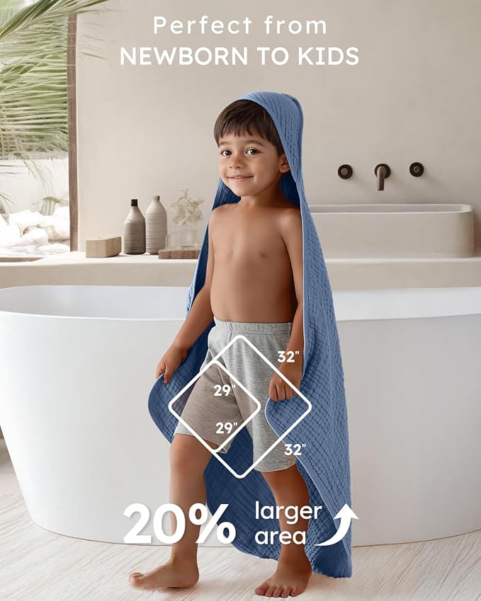 Yoofoss Hooded Baby Towels for Newborn 2 Pack 100% Muslin Organic Cotton Baby Bath Towel with Hood for Babies, Infant, Toddler and Kids, Large 32x32Inch, Soft and Absorbent Newborn Essential