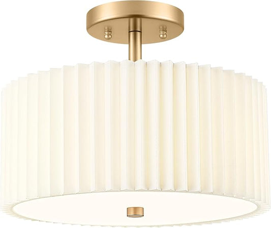 Gold Semi Flush Mount Ceiling Light, 3-Light 12.5" Ceiling Light Fixture with White Pleated Fabric Shade, Drum Lamp for Nursery Hallway Bedroom Kitchen, AD-25036-3SF-GD
