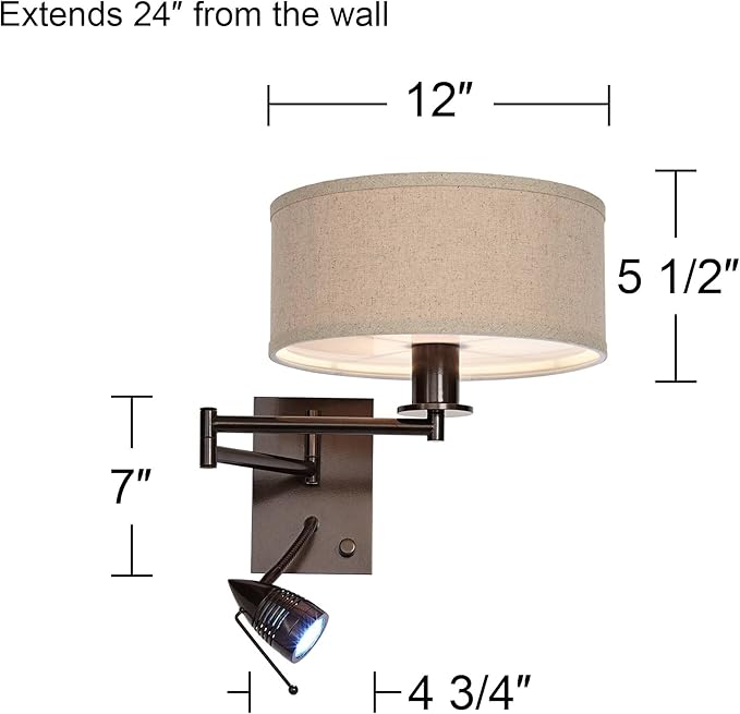 Possini Euro Design Radix Modern Swing Arm Adjustable Wall Lamp with Cord LED Bronze Plug-in Light Fixture Oatmeal Fabric Drum Shade Bedroom Bedside House Reading Living Room Home Hallway Dining
