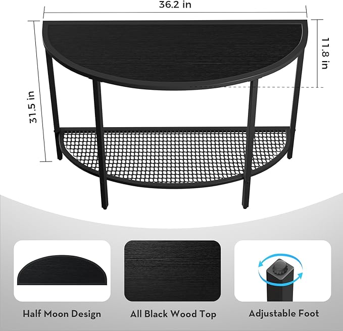 SAYGOER Black Half Moon Console Table 2 Tier Narrow Entryway Table with Storage Modern Couch Table Small Entry Way Tables, Easy Assembly, All Black