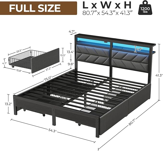 Seventable Full Size Bed Frame with 4 Storage Drawers, Charging Station & LED Lights, Upholstered Headboard with 2-Tier Shelves, Metal Platform Bed, No Box Spring Needed, Noise-Free, Grey